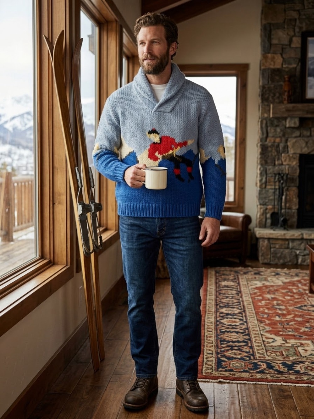 Vintage Robert Stock Hand Knitted 100% Wool Sweater Large Skier Mountain Chunky